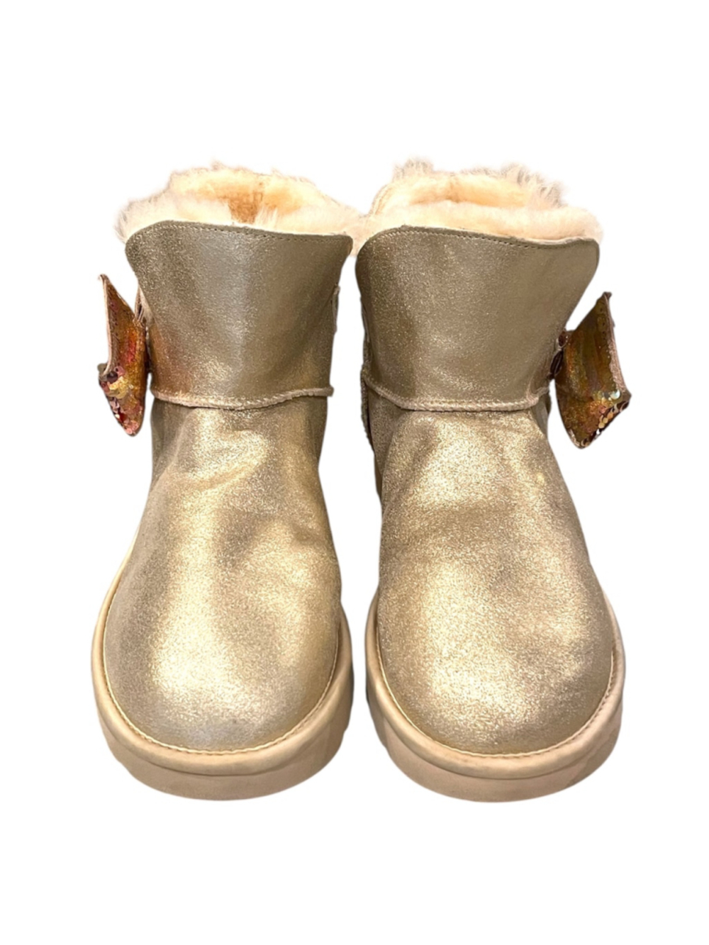 UGG Womens Size 12 Mini Sequin Bow Ankle Boots Suede Gold